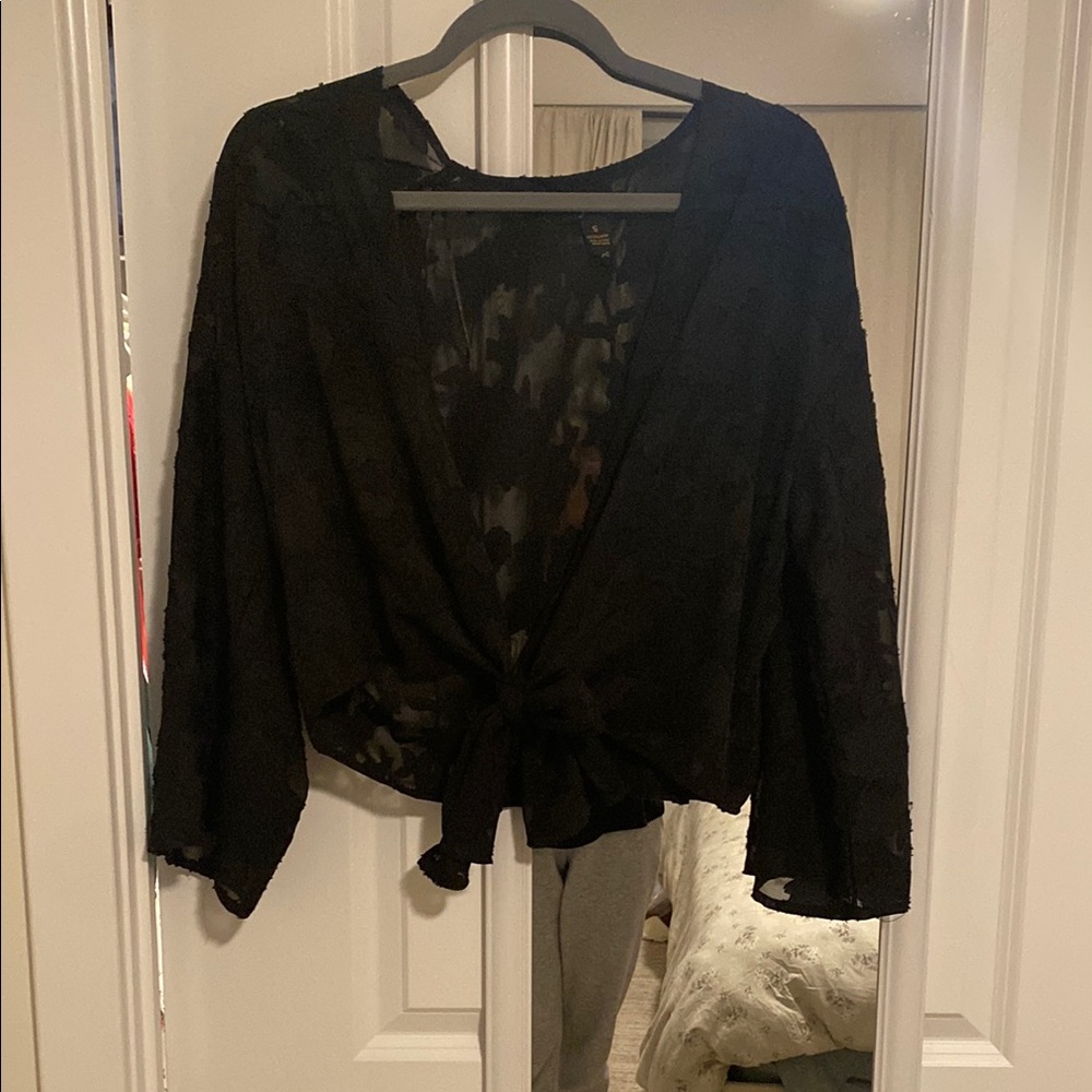 Black Lace Tie-Front Blouse